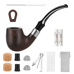 ARCNUEVE Ebony Wood Bent Tobacco Pipe with Silver Accent Ring – 9mm Filter Pipe Set